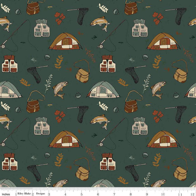 Cotton Print Fabric Let's Wander Gone Fishing Forest 43/44"