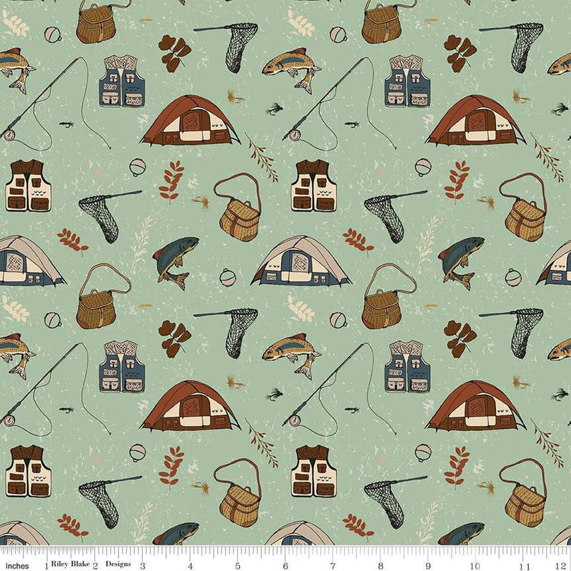 Cotton Print Fabric Let's Wander Gone Fishing Sage 43/44"