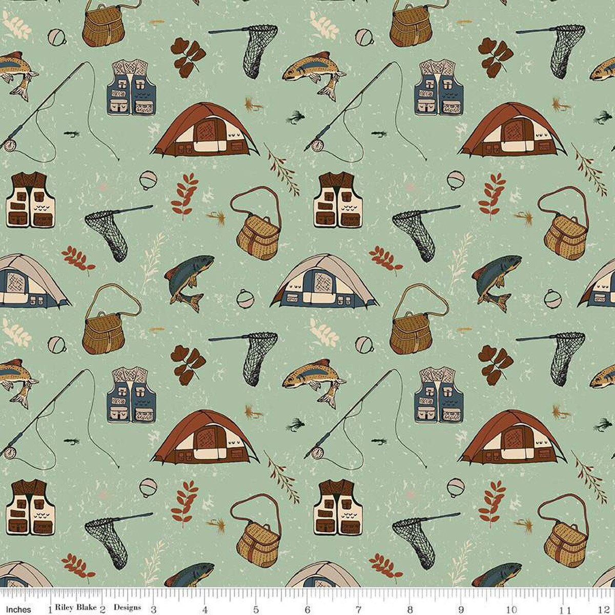 Cotton Print Fabric Let's Wander Gone Fishing Sage 43/44"