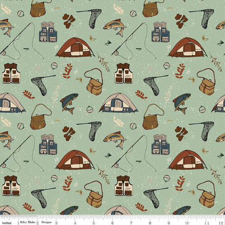 Cotton Print Fabric Let's Wander Gone Fishing Sage 43/44"