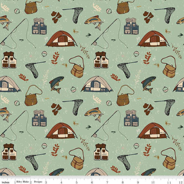 Cotton Print Fabric Let's Wander Gone Fishing Sage 43/44"