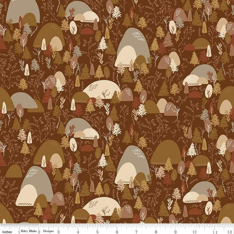 Cotton Print Fabric Let's Wander Mountain Music Brown 43/44