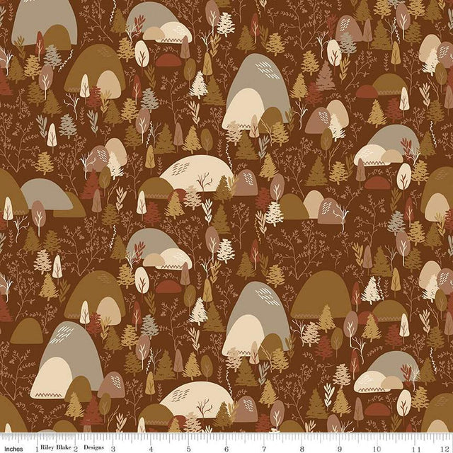 Cotton Print Fabric Let's Wander Mountain Music Brown 43/44