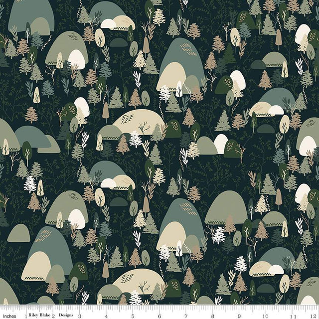 Cotton Print Fabric Let's Wander Mountain Music Navy 43/44"