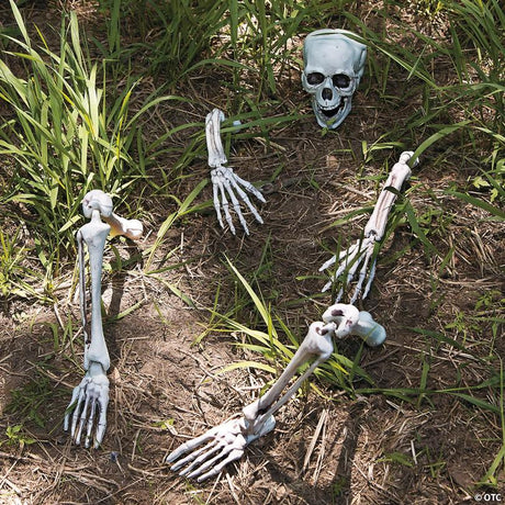 Life-Size Plastic Skeleton Halloween Yard Decoration with Stakes, showing a detailed skeletal bone design