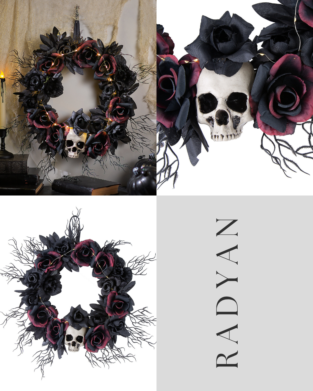 Light-Up Dead Roses &amp; Skull Halloween Wreath – 23 1/2"