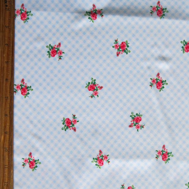 Poly Spandex Swimsuit Fabric Light Blue Gingham Floral Bunches