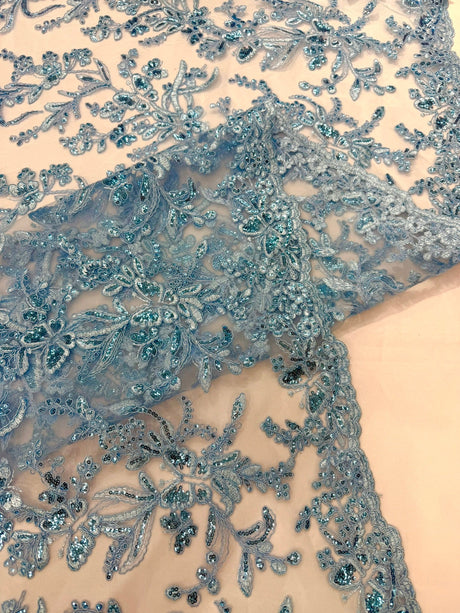 Butterfly Corded Lace Fabric - Butterfly Embroidery, Metallic Sequins, 54" Width (1 Yard)