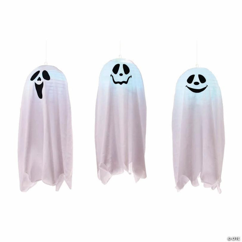 Light-Up Color-Changing Happy Ghost Halloween Hanging Decoration, hangs on a porch or door for spooky Halloween display