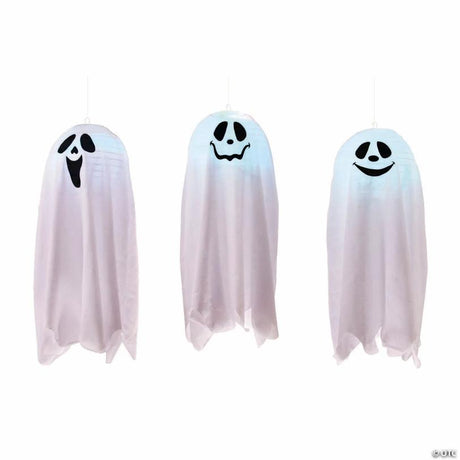 Light-Up Color-Changing Happy Ghost Halloween Hanging Decoration, hangs on a porch or door for spooky Halloween display