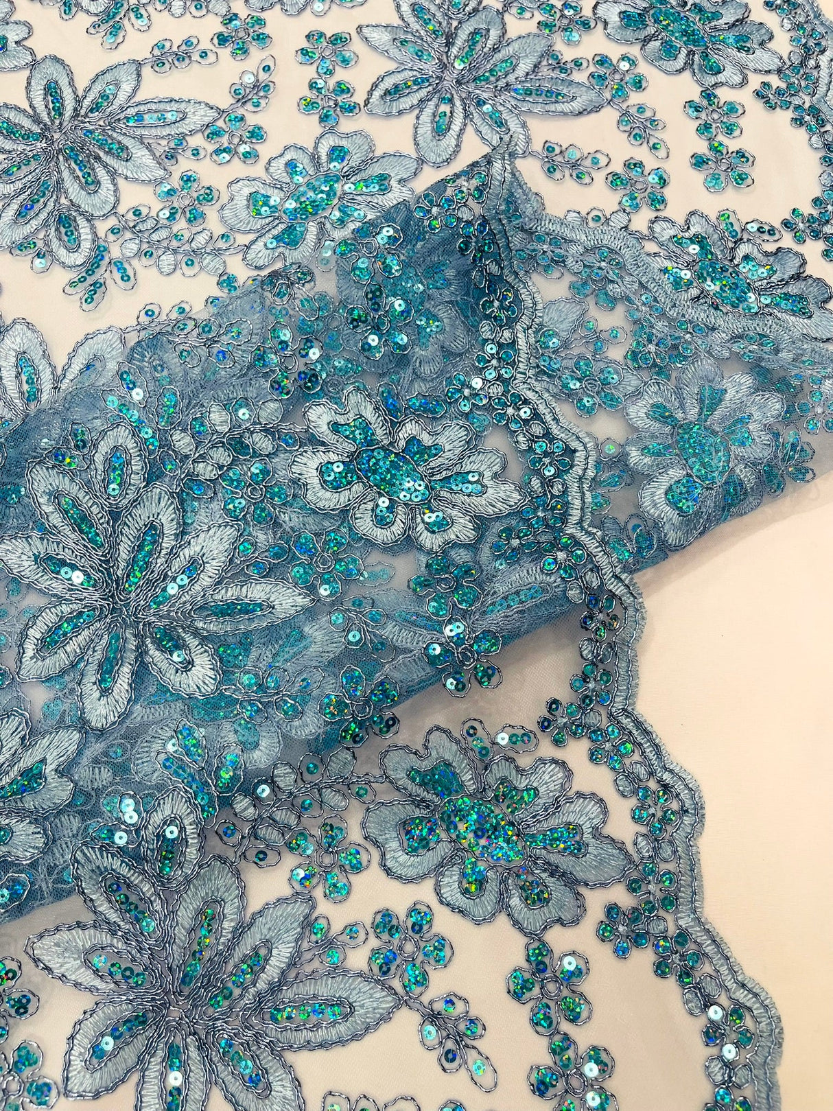 Metallic Floral Lace Design Embroidered Polyester Fabric - Floral Lace, 54" Width (1 Yard)