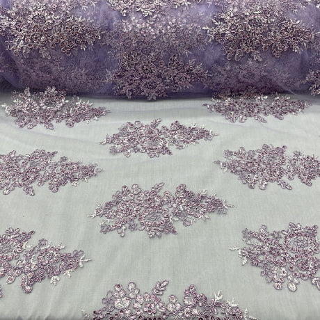 Lilac Sequin Lace Fabric - Embroidered Floral Pattern, Lilac, 52" Width