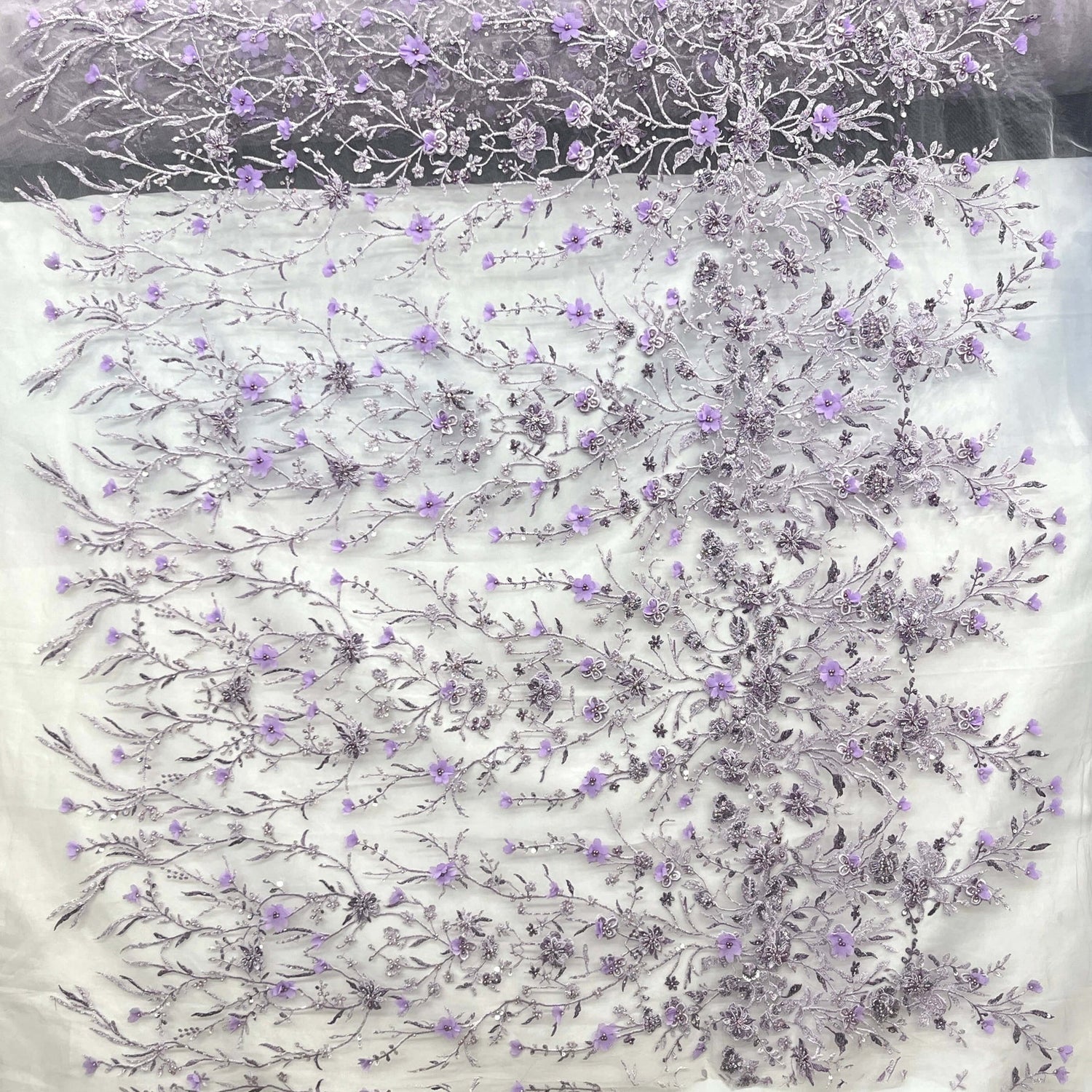 1 Yard Beaded 3D Floral Lace Fabric Rhinestone Embroidered 100 Percent Polyester Net Mesh 51 inch Width