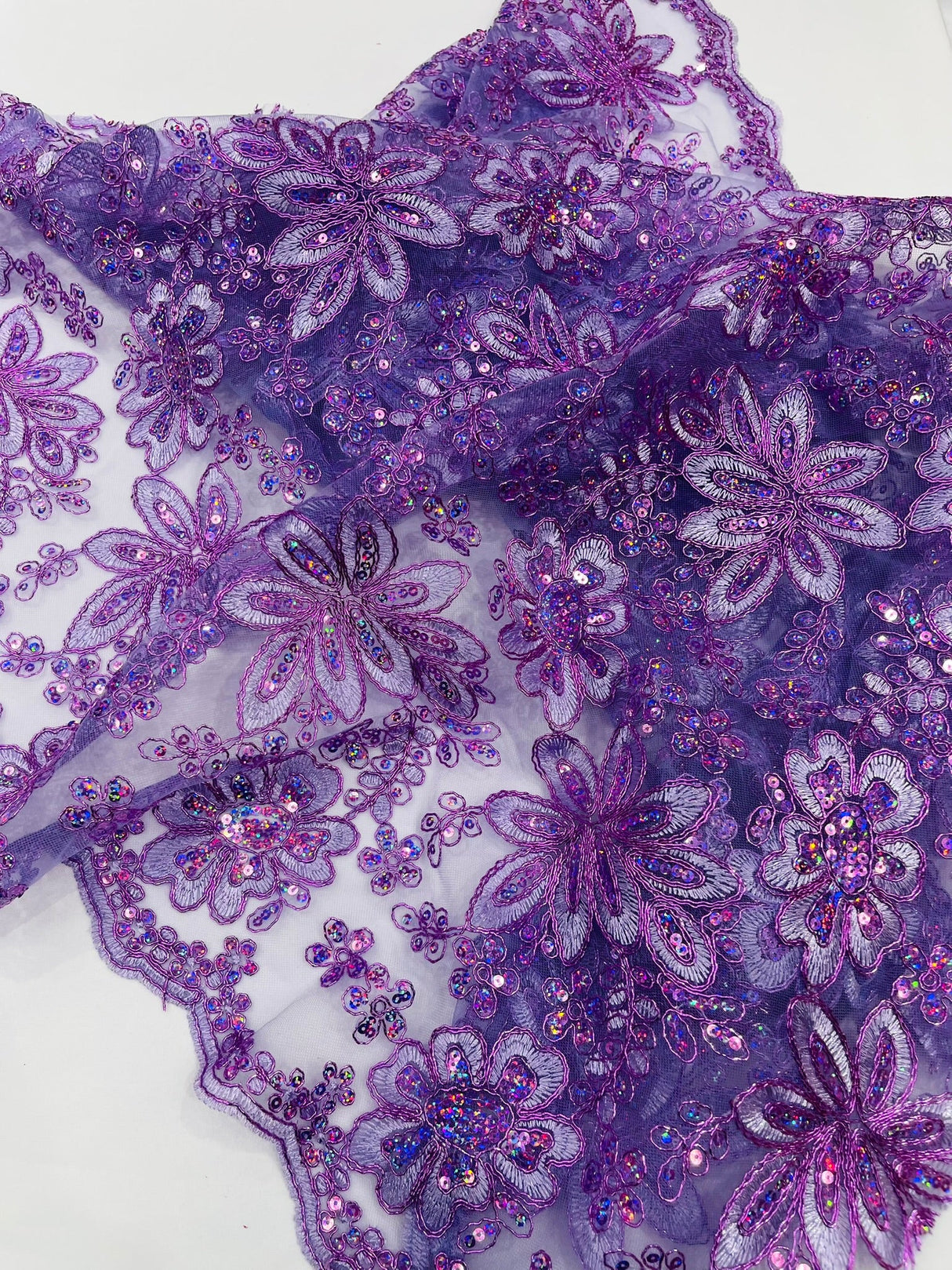 Metallic Floral Lace Design Embroidered Polyester Fabric - Floral Lace, 54" Width (1 Yard)