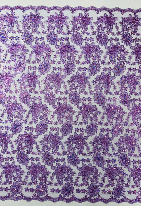 Metallic Floral Lace Design Embroidered Polyester Fabric - Floral Lace, 54" Width (1 Yard)