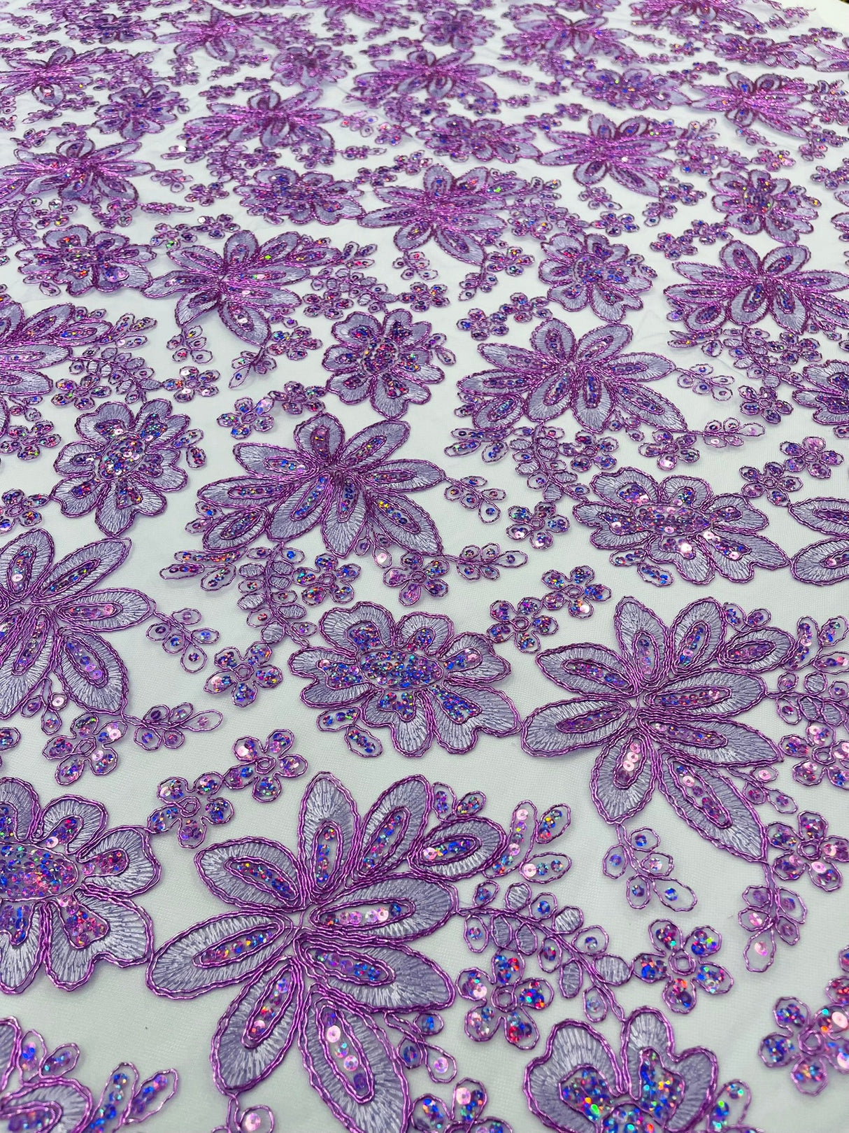 Metallic Floral Lace Design Embroidered Polyester Fabric - Floral Lace, 54" Width (1 Yard)