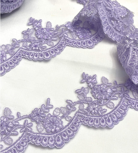 Beaded Corded Floral Lace Trim 4" Wide