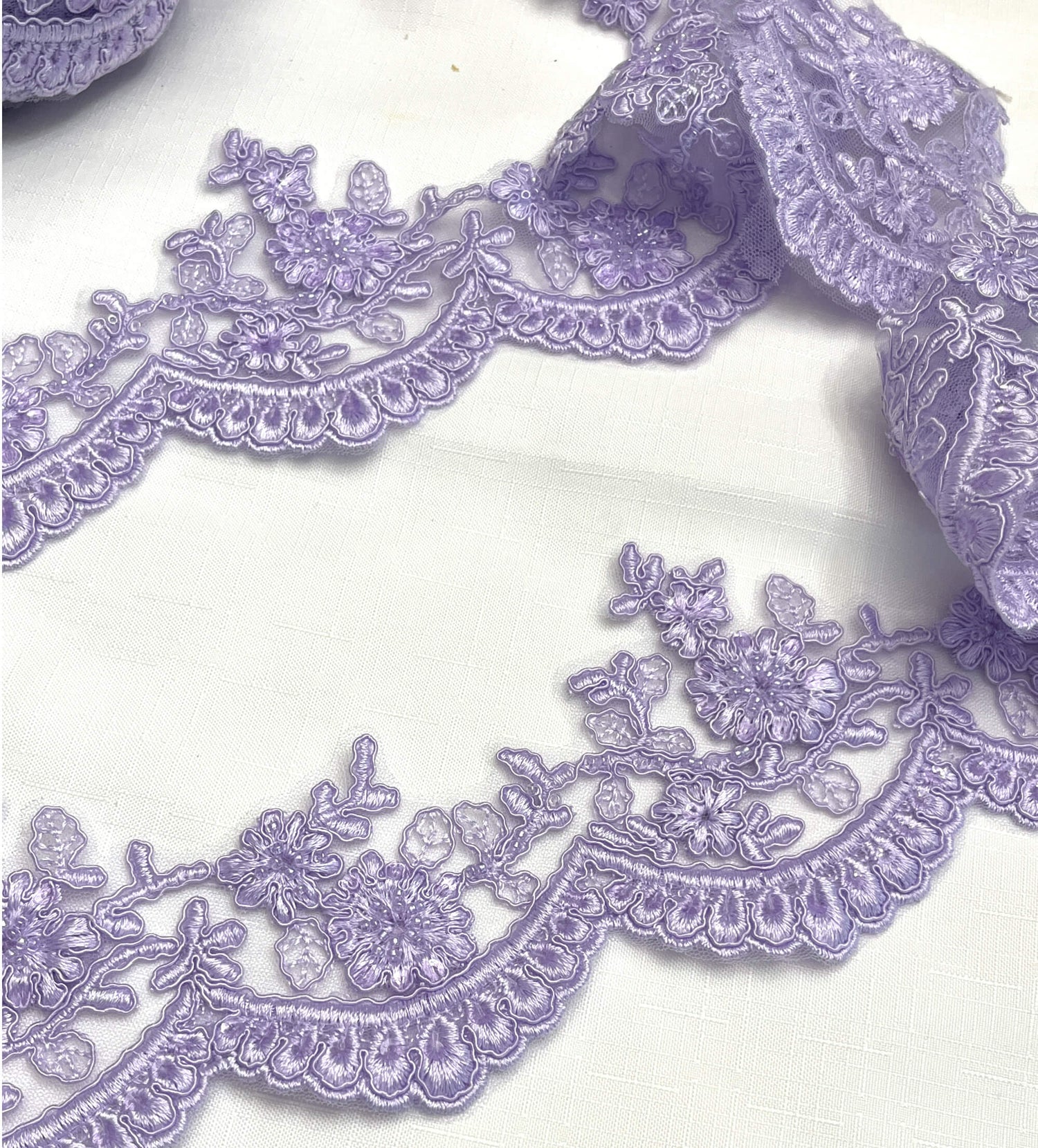 Beaded Corded Floral Scalloped Bridal Lace Trimming Polyester Fabric - Beaded Floral Scalloped, 4" Width (1 Yard)