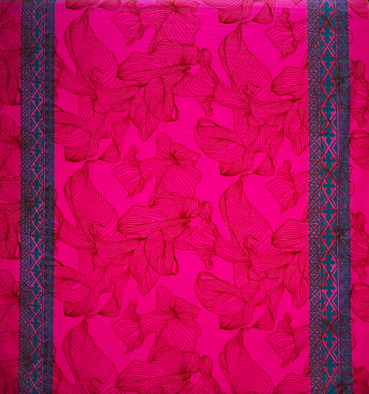 Lily With Tapa Double Border Cotton Light Barkcloth Fabric - Floral Tapa Border, 36" X 45" (1 Yard)