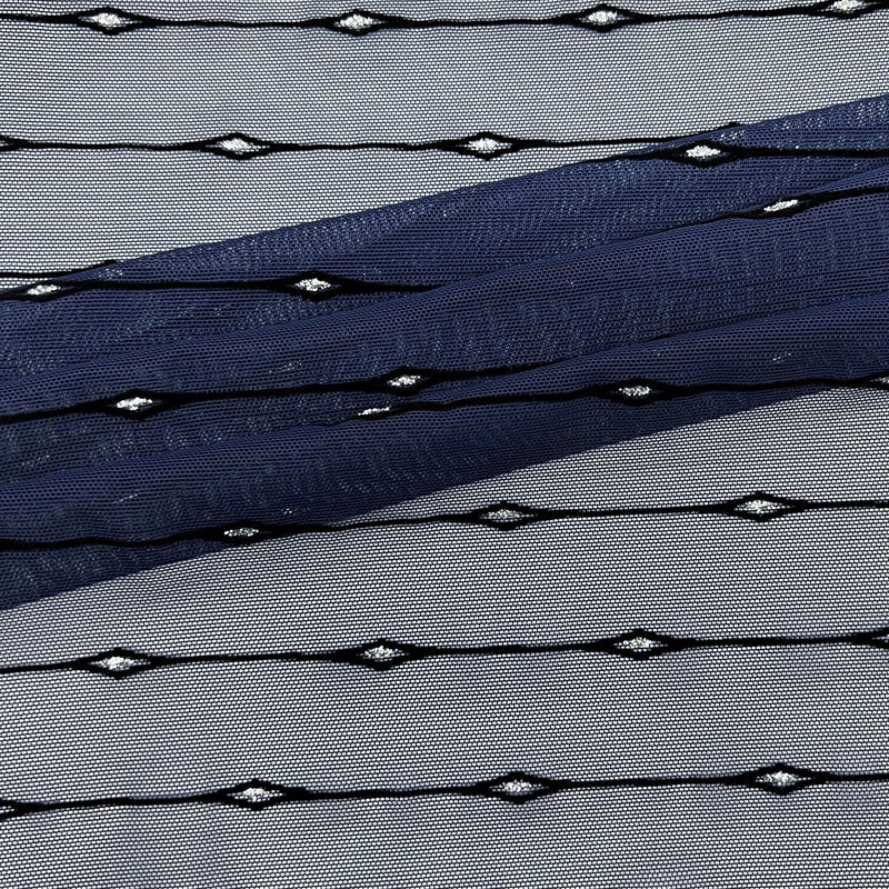 Linear Flocked Stretch Mesh Nylon Spandex Fabric - Navy/Black Linear Flocked, 54" Width (1 Yard)
