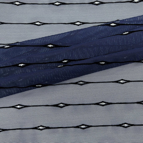 Linear Flocked Stretch Mesh Nylon Spandex Fabric - Navy/Black Linear Flocked, 54" Width (1 Yard)