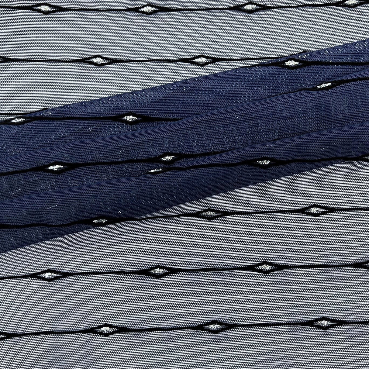 Linear Flocked Stretch Mesh Nylon Spandex Fabric - Navy, Black, Textured Mesh, 54" Width (1 Yard)