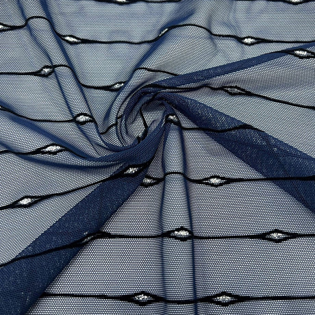 Linear Flocked Stretch Mesh Nylon Spandex Fabric - Navy/Black Linear Flocked, 54" Width (1 Yard)
