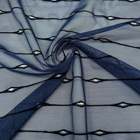 Linear Flocked Stretch Mesh Nylon Spandex Fabric - Navy, Black, Textured Mesh, 54" Width (1 Yard)