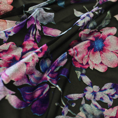 Lolita Foil Printed Stretch Mesh Polyester Spandex Mesh Fabric - Metallic Foil Print, 58/60" Width (1 Yard)