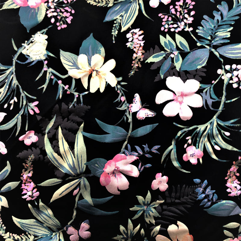 Lotus Foil Printed Nylon Spandex Fabric - Blue Foil Print, 55" Width (1 Yard)