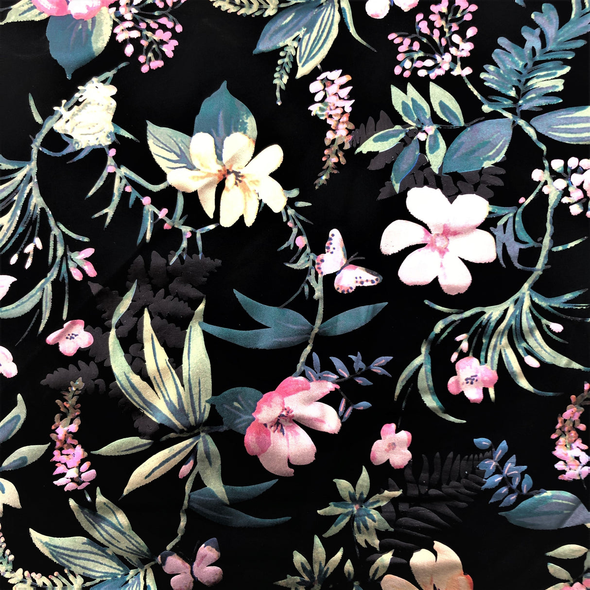 Lotus Foil Printed Nylon Spandex Fabric - Blue Foil Print, 55" Width (1 Yard)