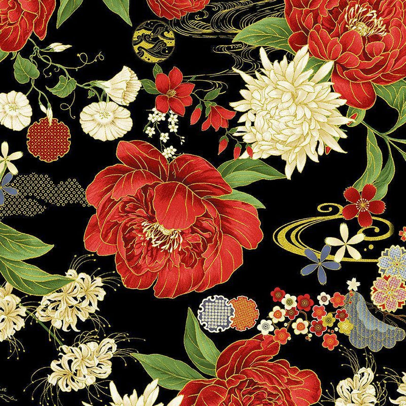 Quilting Cotton Lotus Garden Floral Metallic Black Timeless Treasures