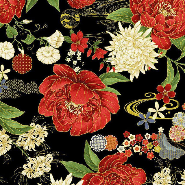 Quilting Cotton Lotus Garden Floral Metallic Black Timeless Treasures
