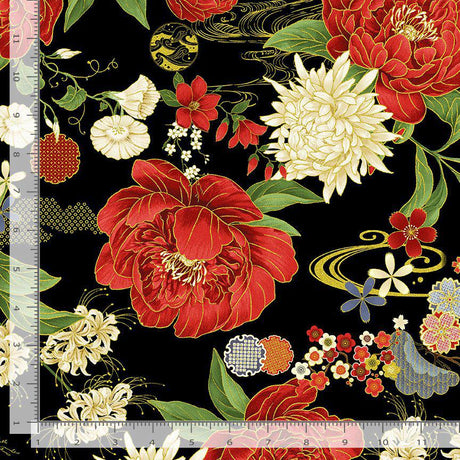 Quilting Cotton Lotus Garden Floral Metallic Black Timeless Treasures