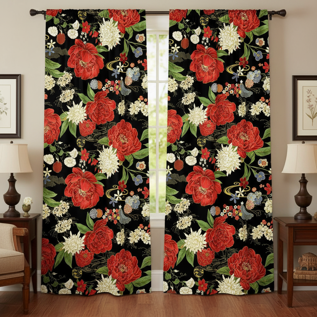 Quilting Cotton Lotus Garden Floral Metallic Black Timeless Treasures