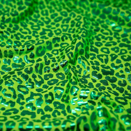 Loud Leo Foil Printed Nylon Spandex Fabric - Metallic Leopard Foil Print, 56" Width (1 Yard)