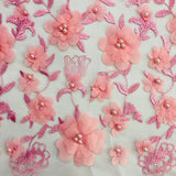 Beaded 3D Floral Lace Fabric - 100 Percent Polyester Lace Fabric, 3D Floral Embroidery, 49" Width, 9 Colors (1 Yard)