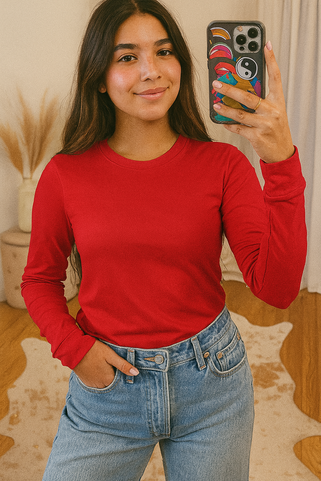 Lucky Friends 1501 Long Sleeve Cotton Fabric - Red, Solid (1 Piece)