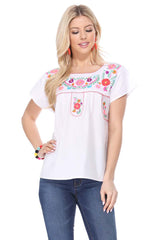 Traditional Mexican Women Blouse - Floral Embroidery, Short Sleeve (S-M-L-XL-2XL-3XL)