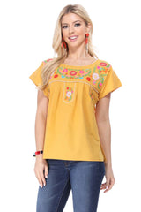 Traditional Mexican Women Blouse - Floral Embroidery, Short Sleeve (S-M-L-XL-2XL-3XL)