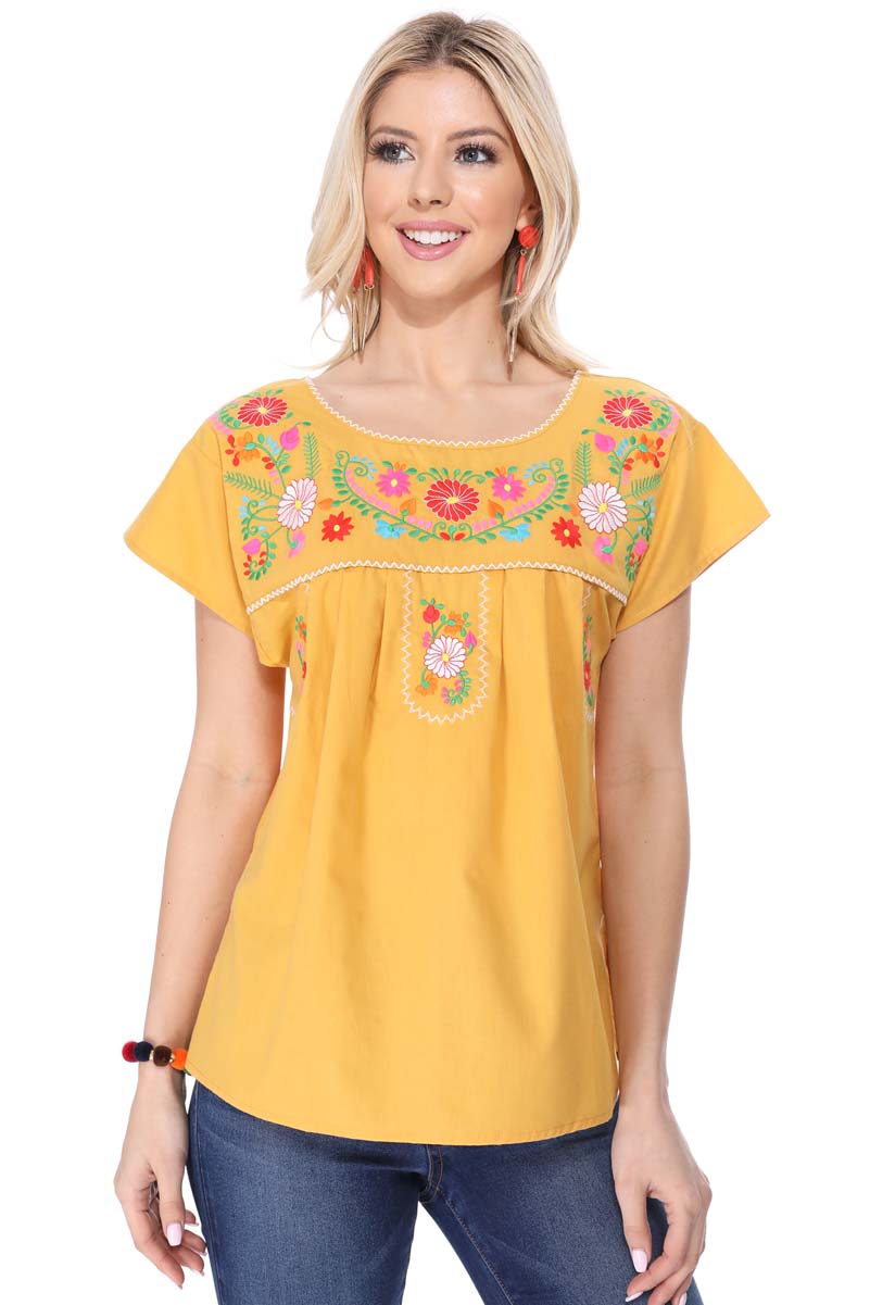 Traditional Mexican Women Blouse - Floral Embroidery, Short Sleeve (S-M-L-XL-2XL-3XL)