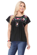 Traditional Mexican Women Blouse - Floral Embroidery, Short Sleeve (S-M-L-XL-2XL-3XL)