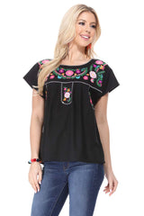 Traditional Mexican Women Blouse - Floral Embroidery, Short Sleeve (S-M-L-XL-2XL-3XL)