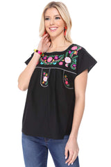 Traditional Mexican Women Blouse - Floral Embroidery, Short Sleeve (S-M-L-XL-2XL-3XL)