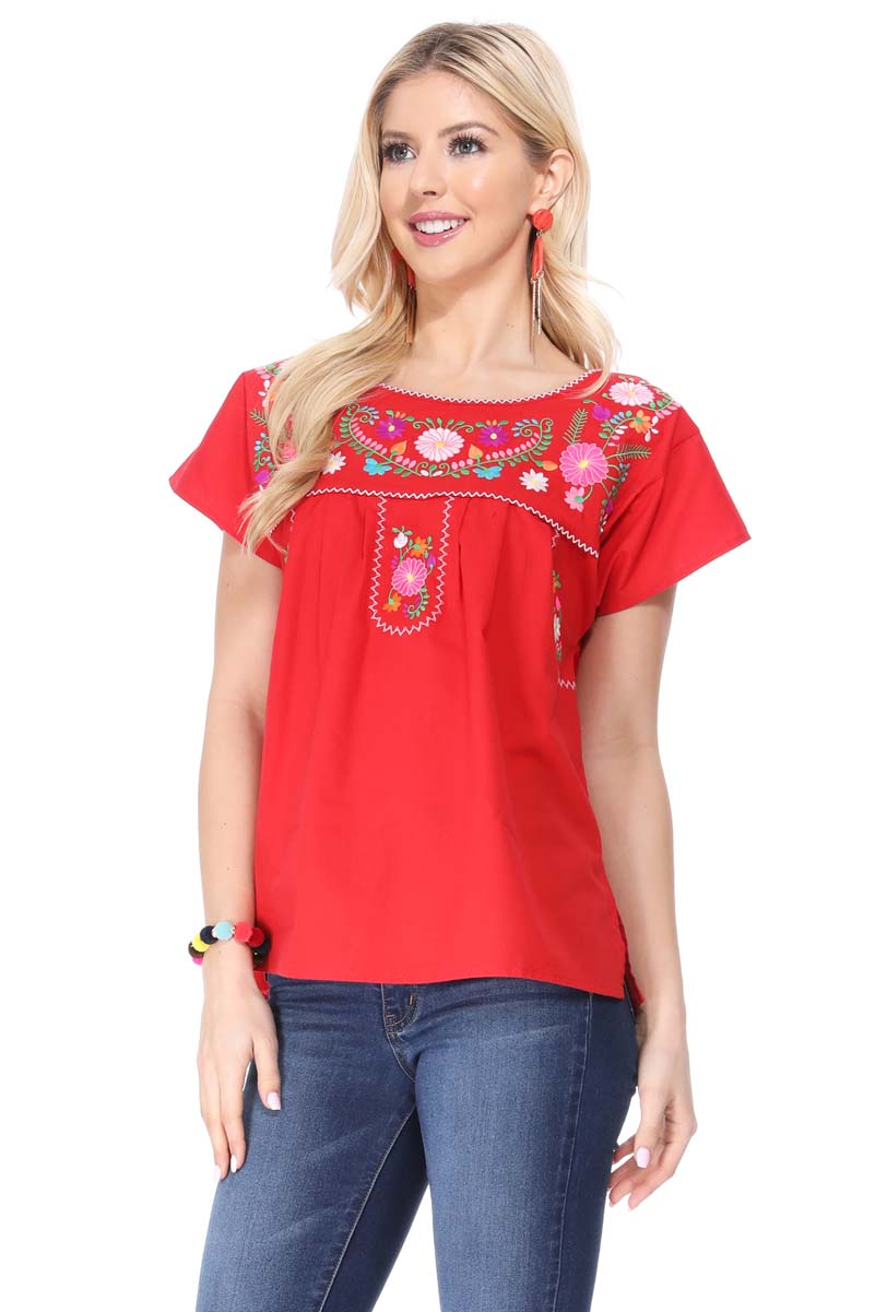 Traditional Mexican Women Blouse - Floral Embroidery, Short Sleeve (S-M-L-XL-2XL-3XL)