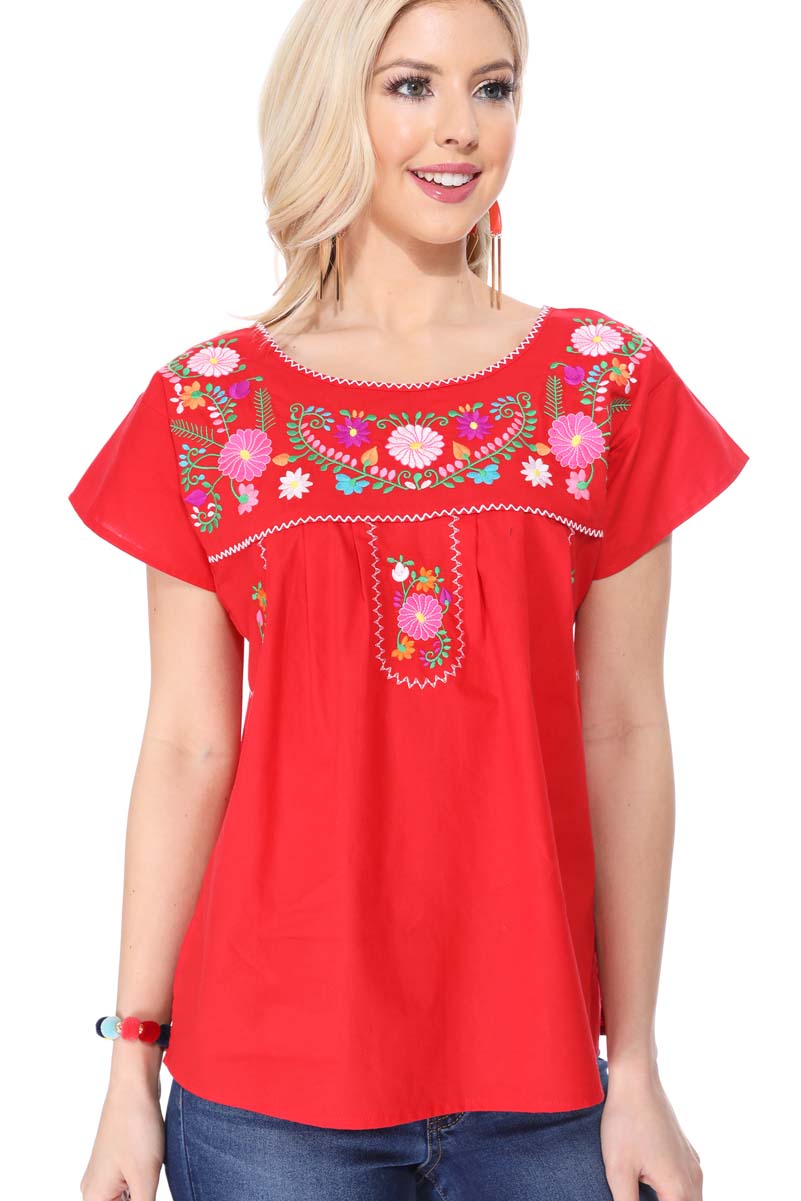Traditional Mexican Women Blouse - Floral Embroidery, Short Sleeve (S-M-L-XL-2XL-3XL)