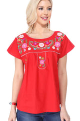 Traditional Mexican Women Blouse - Floral Embroidery, Short Sleeve (S-M-L-XL-2XL-3XL)