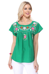 Traditional Mexican Women Blouse - Floral Embroidery, Short Sleeve (S-M-L-XL-2XL-3XL)