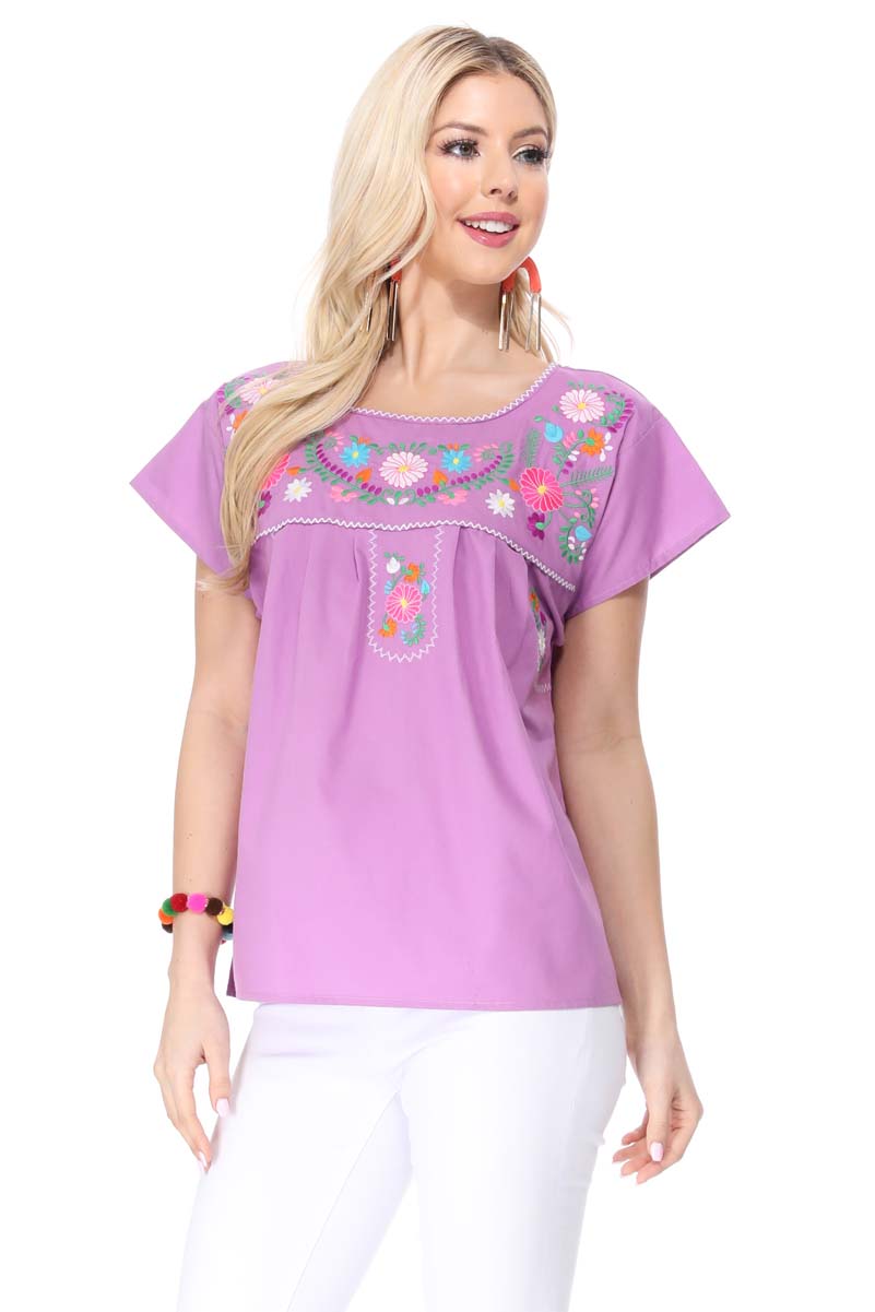 Traditional Mexican Women Blouse - Floral Embroidery, Short Sleeve (S-M-L-XL-2XL-3XL)