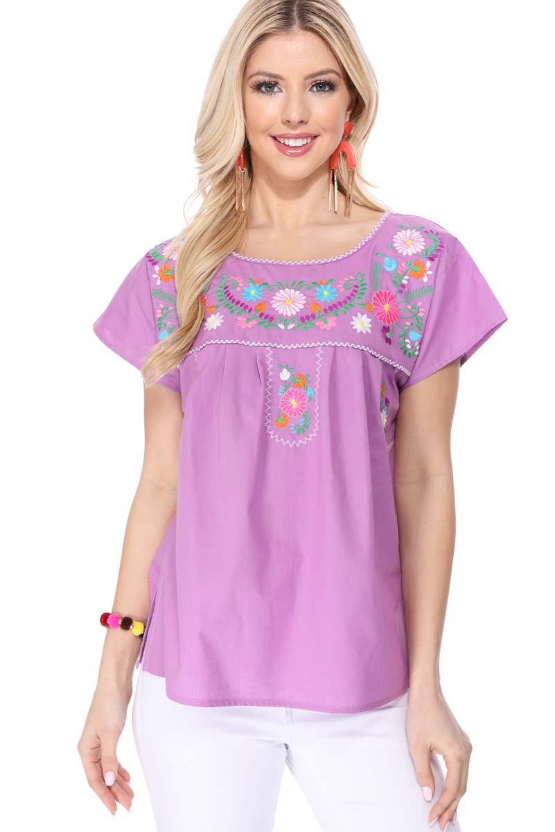 Traditional Mexican Women Blouse - Floral Embroidery, Short Sleeve (S-M-L-XL-2XL-3XL)